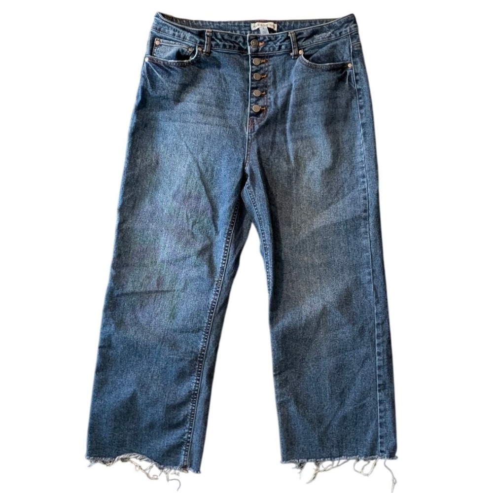 And Now This Womens 32 High Rise Wide Leg Button Fly Raw Hem Blue Distress Jeans